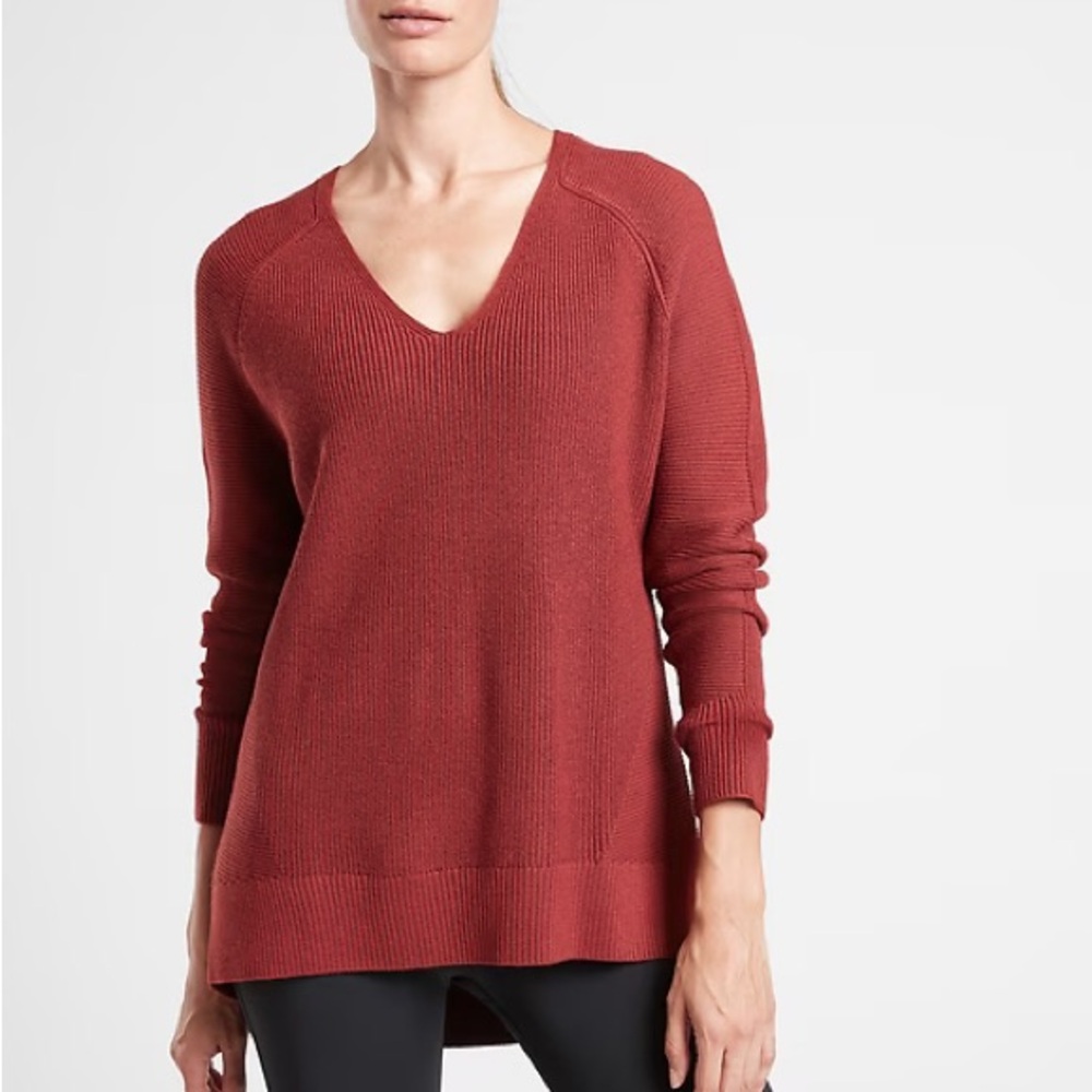 Athleta Hanover V-Neck Sweater Small Red Ribbed Knit Merino‎ Wool Blend